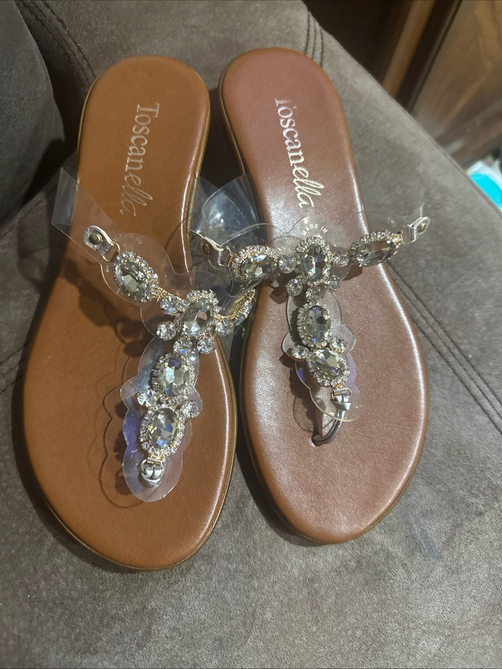 Toscanella Brown Leather Crystal-Embellished T-Strap Sandals